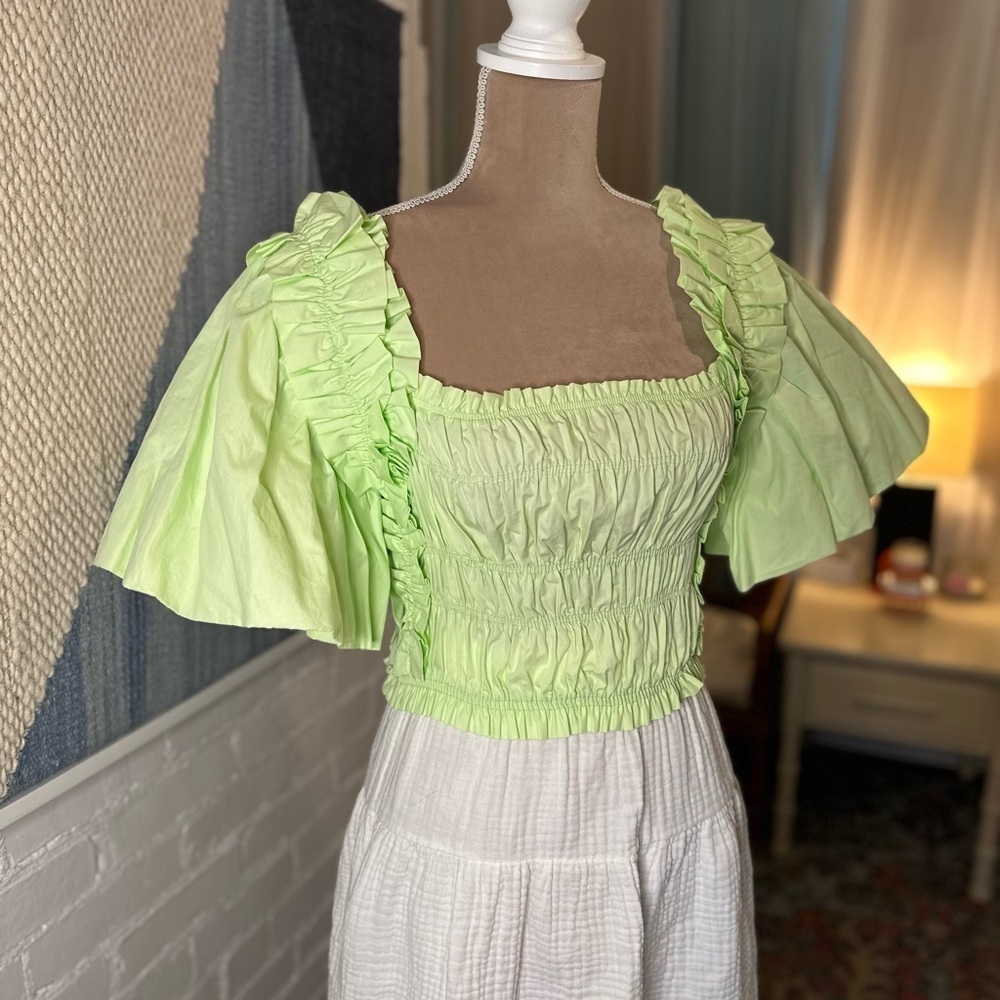 Zara Green Ruffle Statement Sleeve Ruched Blouse - Picture 5 of 8